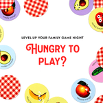 Text-based image with the quote "Level up your family game night. Hungry to play?" surrounded by "Moody Food" game cards facing up and down.