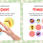 Image explaining two medium-difficulty games from Moody Food: "Chop," where players flip tiles to find matches, and "Threes," where players try to create three in a row, similar to bingo.