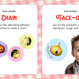 Image explaining two easy games from the Moody Food card game: "Chain," where players alternate between faces and emotions, and "Face Off," an acted-out expression type charades game.