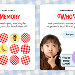 Image explaining two challenging games from Moody Food: a memory game where players flip cards to find matches, and "Who?" where participants ask questions to identify the food and emotion on a hidden card.