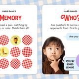Image explaining two challenging games from Moody Food: a memory game where players flip cards to find matches, and "Who?" where participants ask questions to identify the food and emotion on a hidden card.