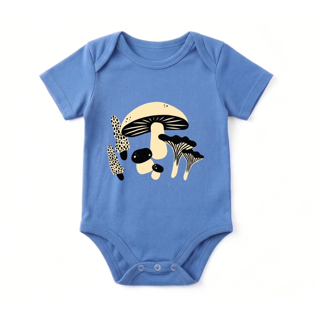 Chunky Deli product image: Baby Bodysuit in 100% cotton, short sleeve, blue color. Features a graphic illustration of mushrooms in 2 colors, black and beige, centered on the chest.