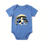 Chunky Deli product image: Baby Bodysuit in 100% cotton, short sleeve, blue color. Features a graphic illustration of mushrooms in 2 colors, black and beige, centered on the chest.