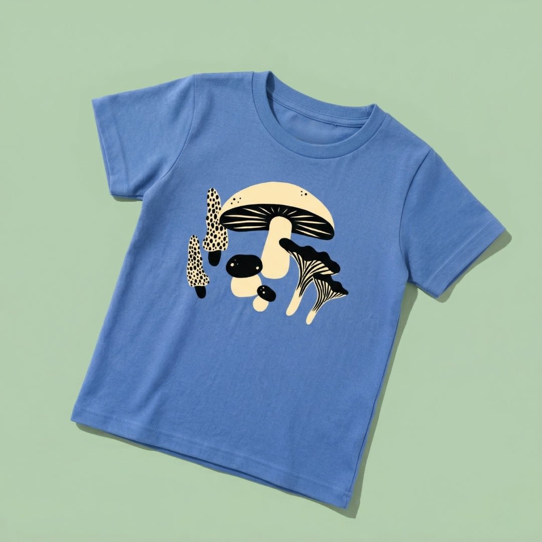 Chunky Deli product image: Toddler tee in 100% cotton, short sleeve, blue color. Features a graphic illustration of mushrooms in 2 colors, black and beige, centered on the chest on a pastel green background.