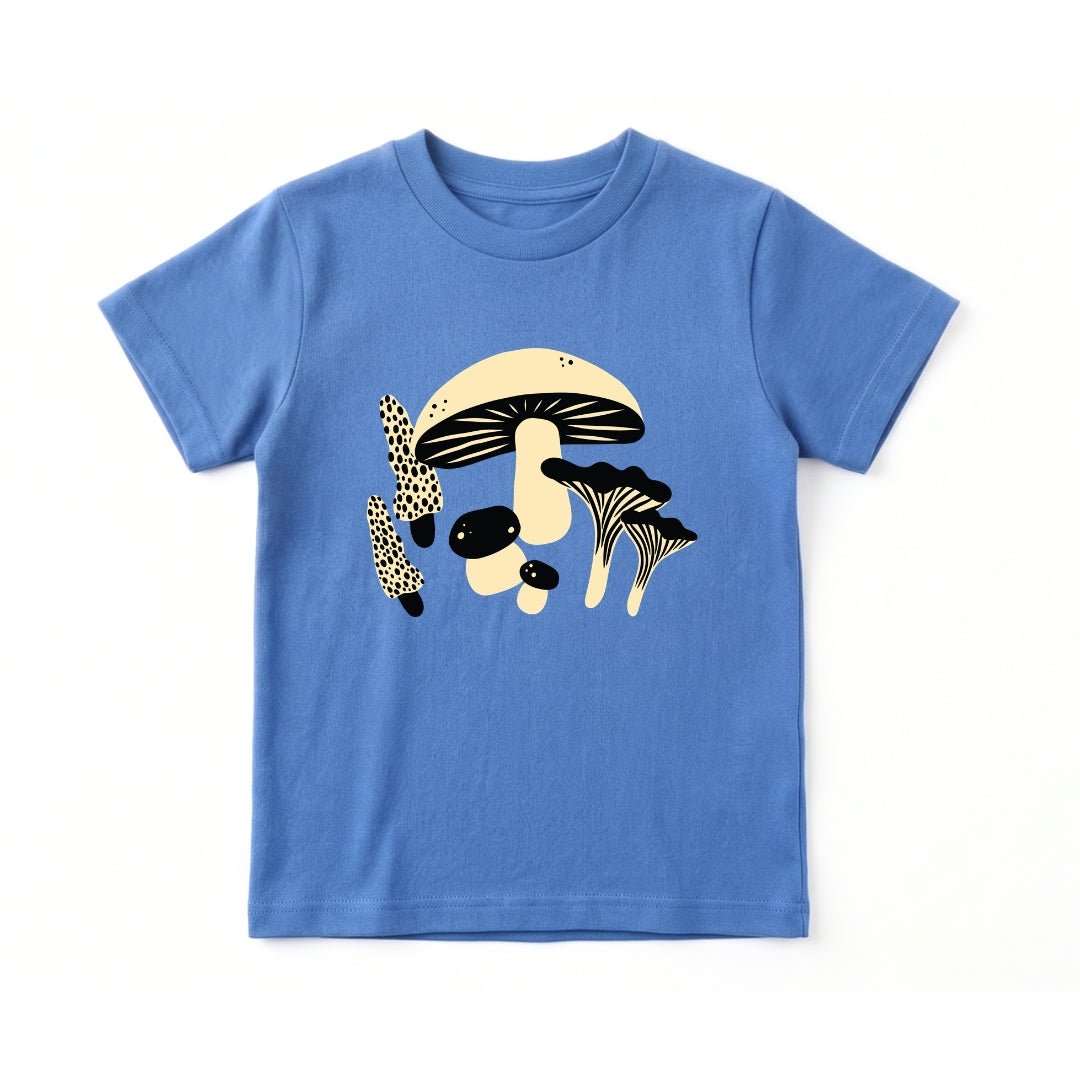 Chunky Deli product image: Toddler tee in 100% cotton, short sleeve, blue color. Features a graphic illustration of mushrooms in 2 colors, black and beige, centered on the chest.