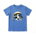 Chunky Deli product image: Toddler tee in 100% cotton, short sleeve, blue color. Features a graphic illustration of mushrooms in 2 colors, black and beige, centered on the chest.
