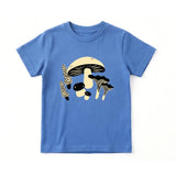 Chunky Deli product image: Toddler tee in 100% cotton, short sleeve, blue color. Features a graphic illustration of mushrooms in 2 colors, black and beige, centered on the chest.