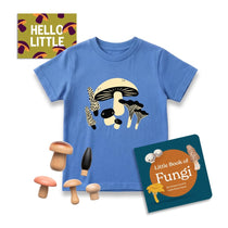 Chunky Deli product image: Toddler Pasta Gift Bundle including the Wooden Mushroom Foraging Set, Little Book of Fungi and The Blue Mushroom Explorer Tee with a mushroom themed Gift note on a white background.