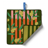 Chunky Deli product image of a woven towel with green and red striped pattern and leaf design on a white background