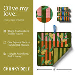 Chunky Deli Olive my Love cleaning cloths with packaging and features on an olive green background