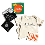 Chunky Deli Pasta Baby Gift Bundle - Cream "al dente" onesie, Little Book of Pasta board book, and high-contrast pasta art cards for newborns with a "Ciao!" Gift tag.