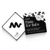 Chunky Deli product image: Open box of "Pasta for Baby" high-contrast black and white art cards for babies' visual stimulation and sensory play, showcasing a card with a repeating high-contrast pattern. All laid flat on a white background.