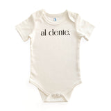  Product display image of the "Al Dente" baby bodysuit in natural cotton, laid flat on a white background. Chunky Deli product image.