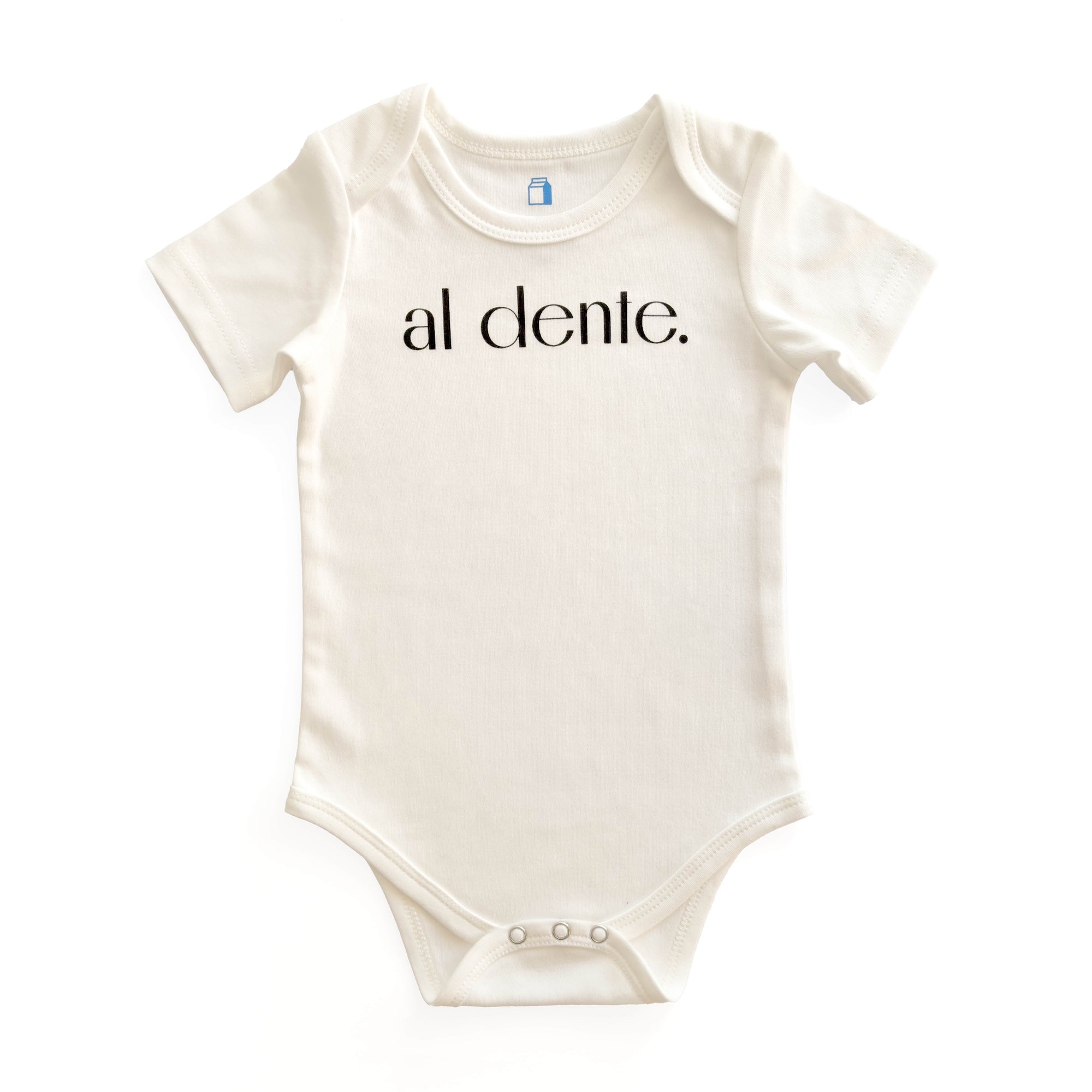  Product display image of the "Al Dente" baby bodysuit in natural cotton, laid flat on a white background. Chunky Deli product image.