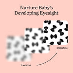 Three-card diagram on a pink background showing the stages of an infant's eyesight at 0, 1, and 3 months, featuring art cards from Pasta for Baby created by Chunky Deli.