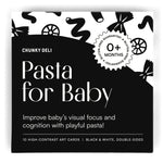 High-angle, straight-on view of the black and white "Pasta for Baby" art card set box. High-contrast art cards from Chunky Deli.