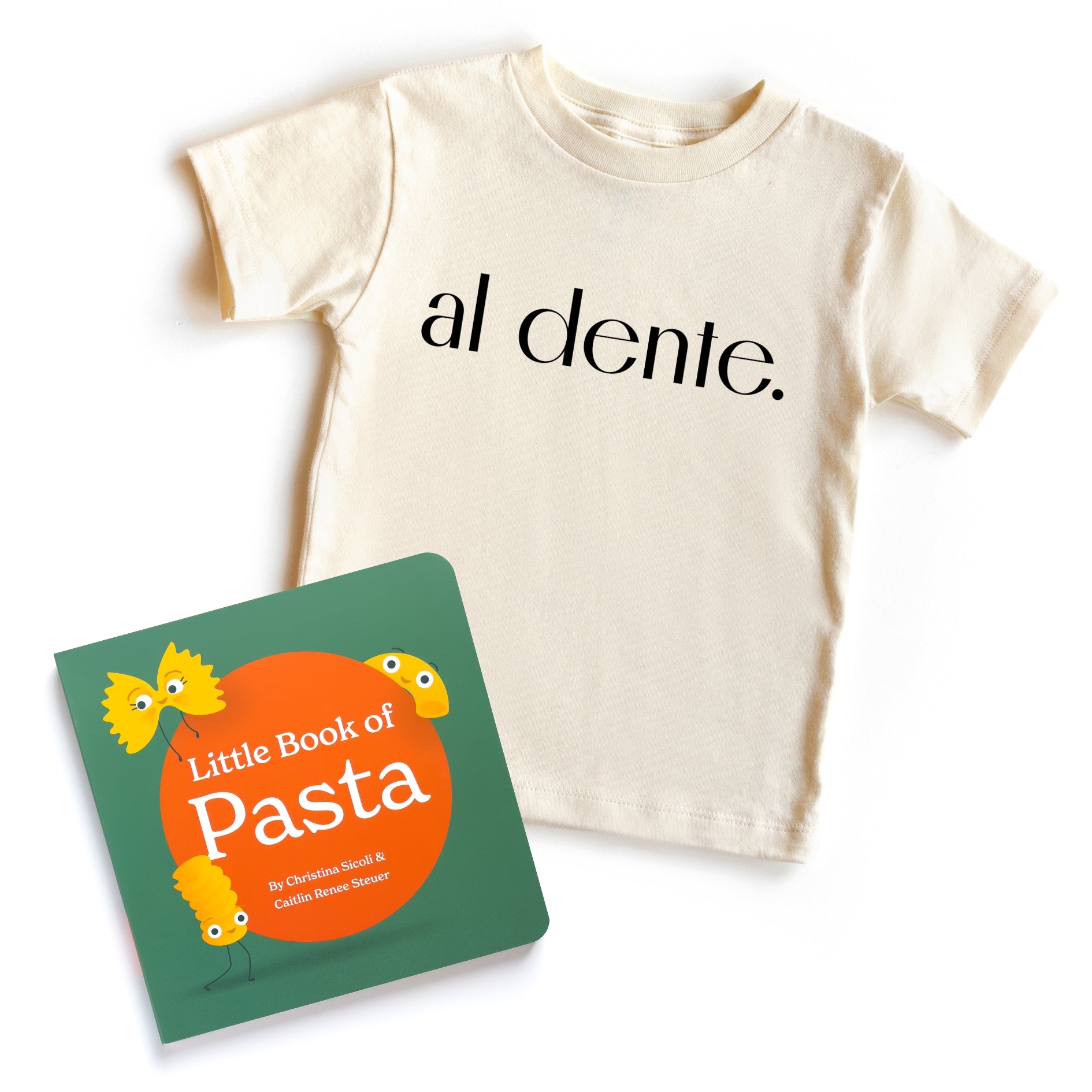 Chunky Deli bundle: 'al dente' toddler tee, 100% cotton, beige, short sleeve with black text. Includes 'Little Book of Pasta' by Christina Sicoli and Caitlin Renee Steuer, 6x6 board book, 18 pages.