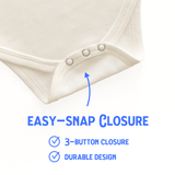 Close-up of a natural-colored baby bodysuit showing the three-snap closure at the bottom. Text reads "Easy Snap Closure," with checkboxes for "Three Button Closure" and "Durable Design," and an arrow pointing to the snaps. Chunky Deli product image