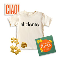 Chunky Deli product image: Toddler Pasta Gift Bundle including the Play Pasta Felt Set, Little book of pasta and Al dente Kids' Tee with a CIAO! Gift note on a white background.
