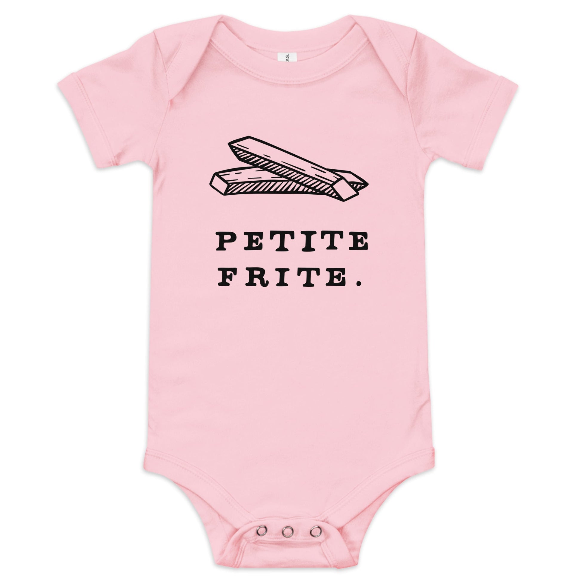Product display image of the "Petite Frite" baby onesie in pink cotton, laid flat on a white background. Chunky Deli product image.
