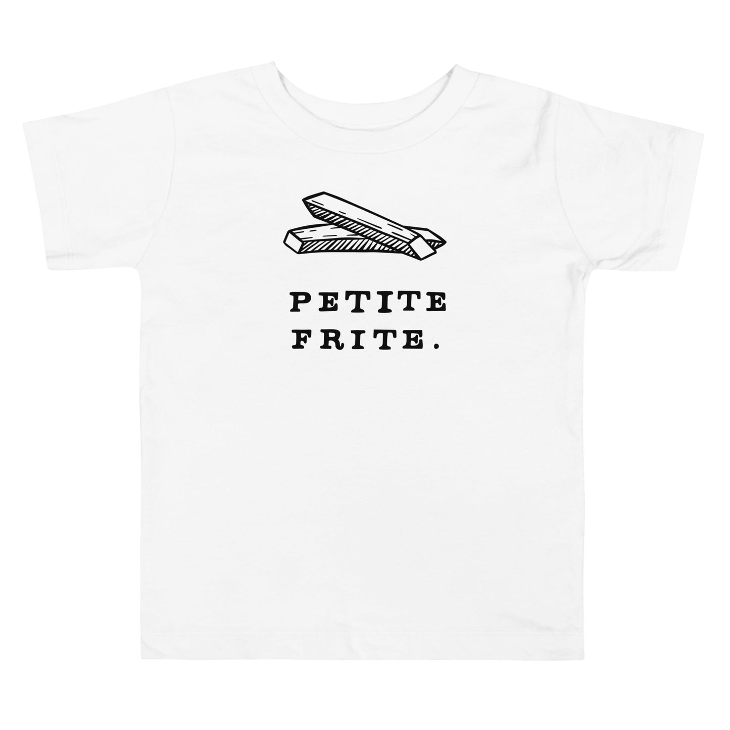 Product display image of the "Petite Frite" kids and toddler t-shirt in natural cotton, laid flat on a white background. Chunky Deli product image.