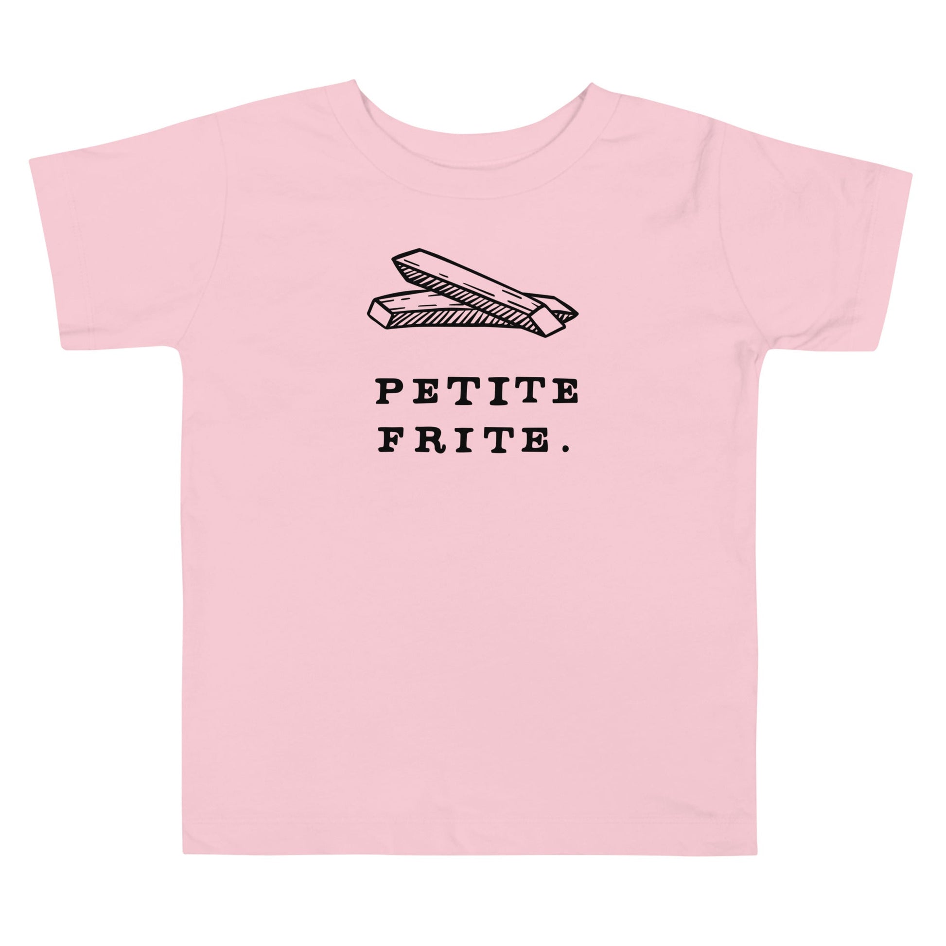 Product display image of the "Petite Frite" kids and toddler t-shirt in pink cotton, laid flat on a white background. Chunky Deli product image.