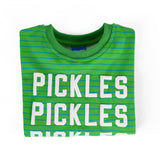 Pickles Kids Crewneck Sweater folded in a striped green design, featuring soft cotton fabric.