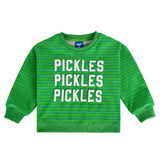 Pickles Kids Crewneck Sweater in green with striped design, soft 100% cotton for kids.