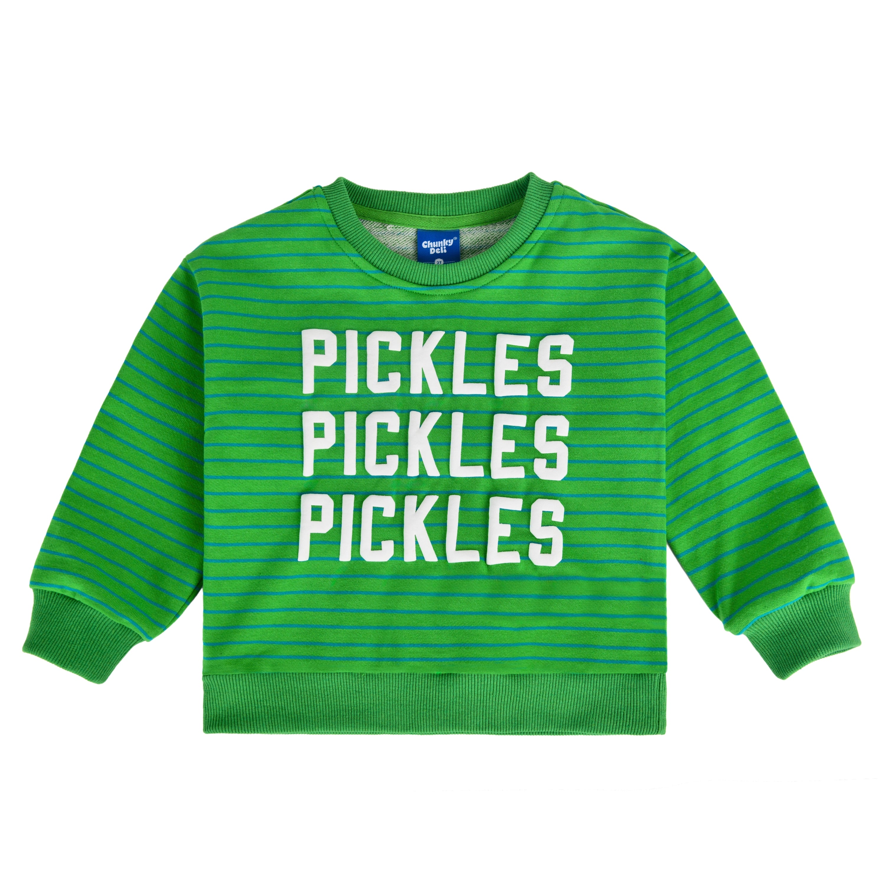 Pickles Kids Crewneck Sweater in green with striped design, soft 100% cotton for kids.