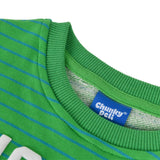 Pickles Kids Crewneck Sweater featuring vibrant green stripes and Chunky Deli tag, made from 100% cotton.