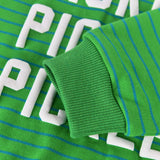 Pickles Kids Crewneck Sweater featuring soft, 100% Cotton fabric and a chunky deli design in green stripes.