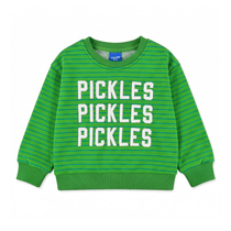 Pickles Kids crewneck sweater in green with striped design, soft 100% cotton for kids.