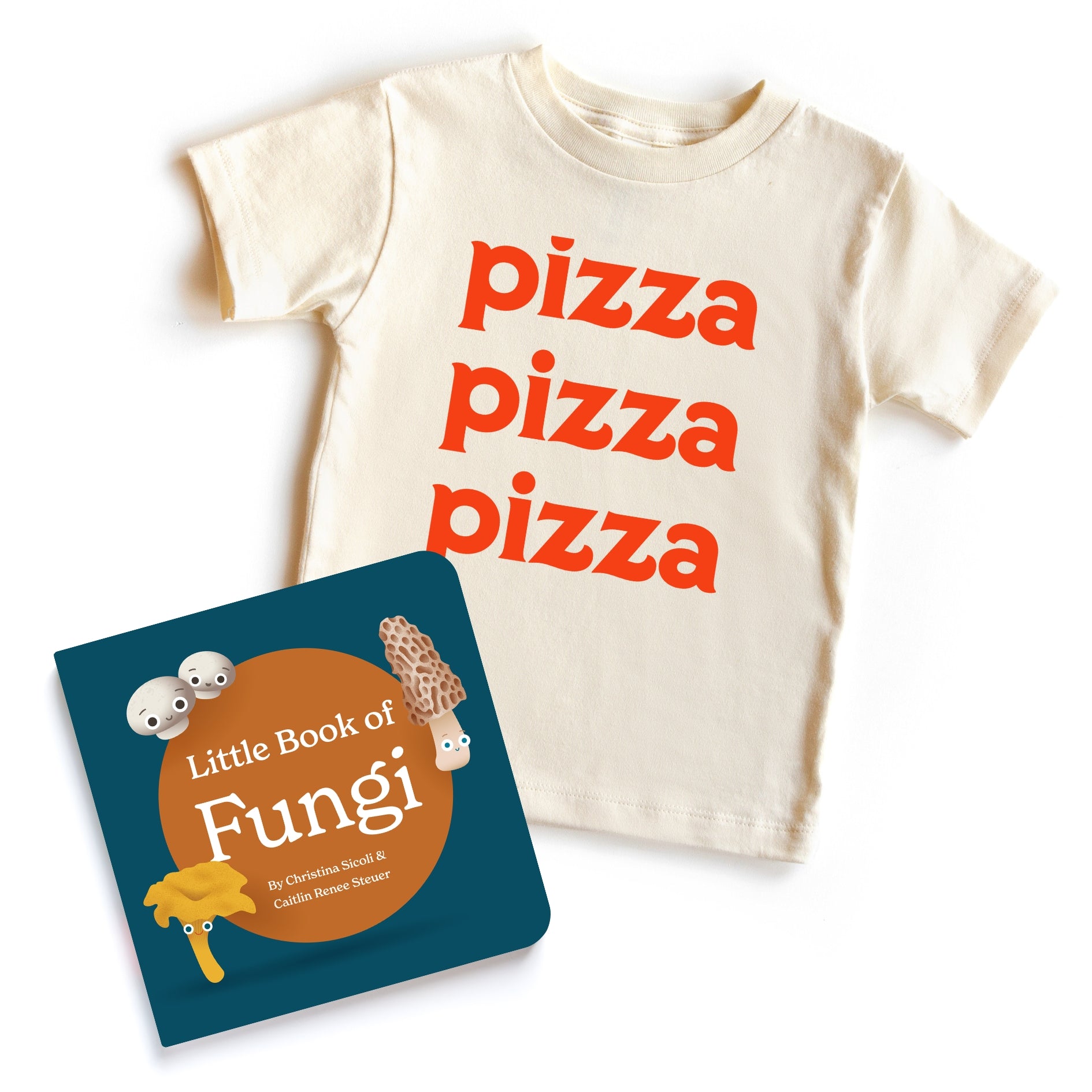 Chunky Deli bundle: 'Pizza Pizza Pizza' toddler tee, 100% cotton, beige, short sleeve with orange text. Includes 'Little Book of Fungi' by Christina Sicoli and Caitlin Renee Steuer, 6x6 board book, 18 pages.