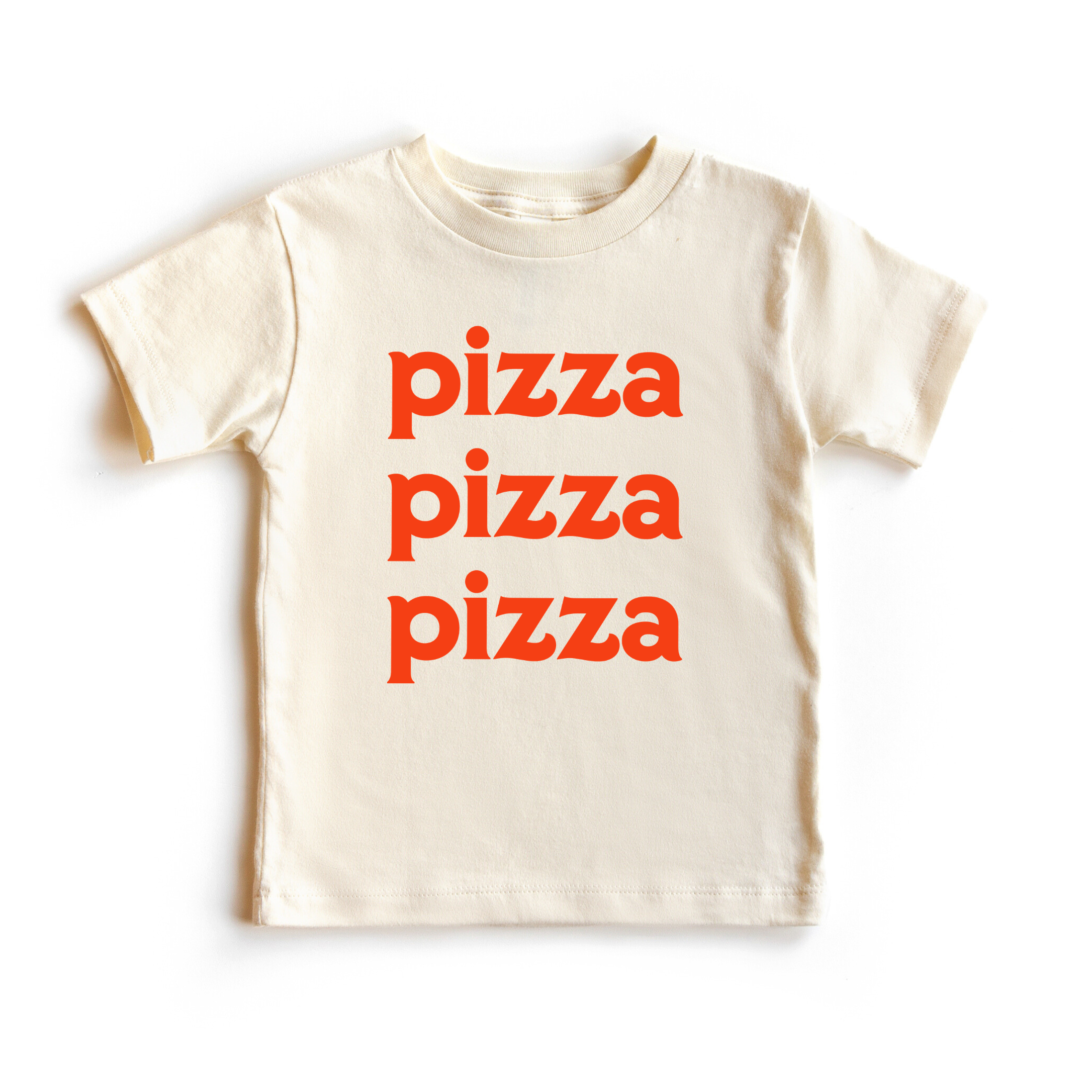 Chunky Deli product image: Toddler tee in 100% cotton, short sleeve, beige/natural color. Features printed text reading "Pizza Pizza Pizza" in bold orange lettering on the chest
