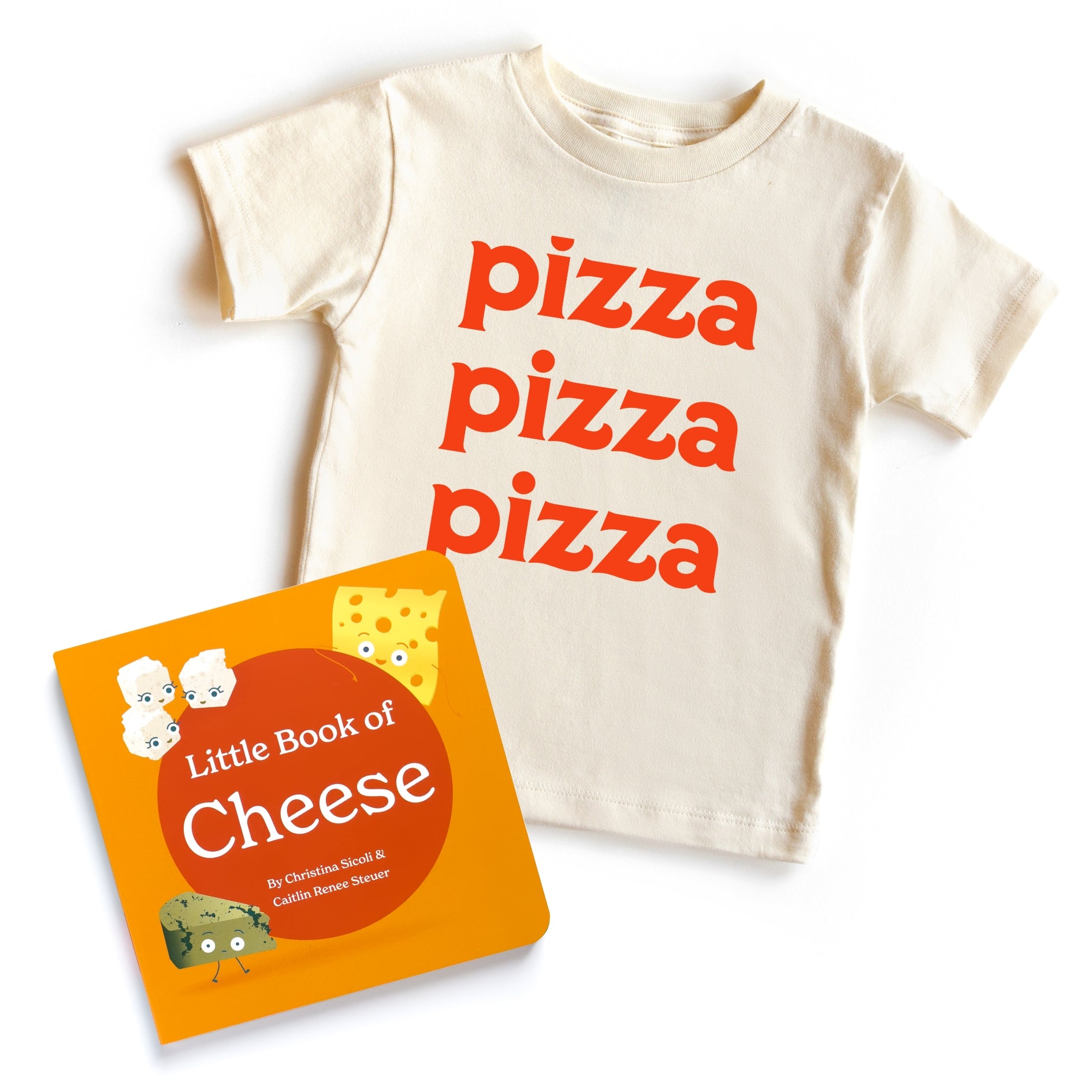 Chunky Deli bundle: 'Pizza Pizza Pizza' toddler tee, 100% cotton, beige, short sleeve with bold orange text. Includes 'Little Book of Cheese' by Christina Sicoli and Caitlin Renee Steuer, 6x6 board book, 18 pages with full color illustrations and poems ab
