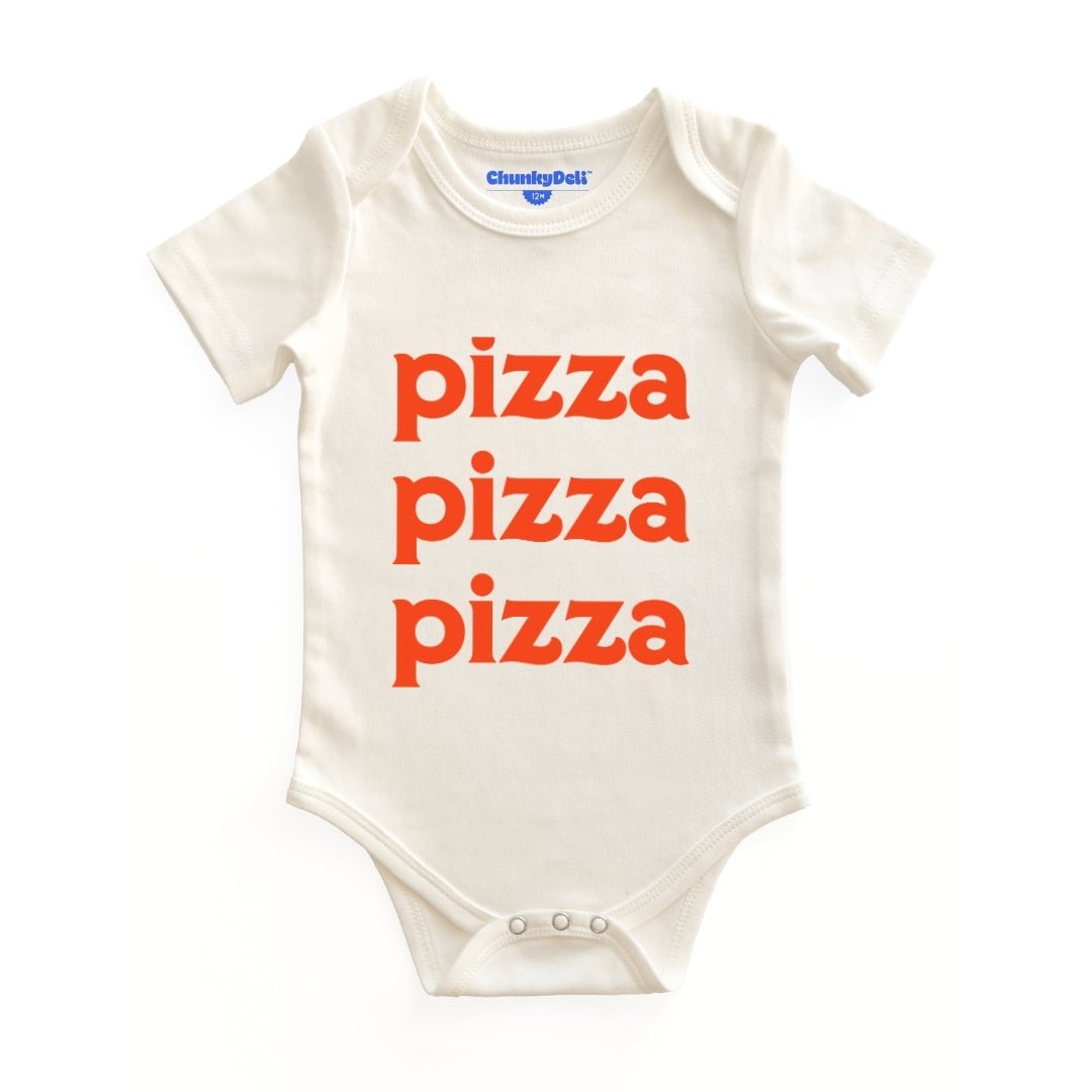 Chunky Deli product image: Natural-colored "Pizza Pizza Pizza" bodysuit (100% cotton) laid flat on a white background, showcasing the envelope shoulders and three-snap closure.