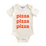 Chunky Deli product image: Natural-colored "Pizza Pizza Pizza" bodysuit (100% cotton) laid flat on a white background, showcasing the envelope shoulders and three-snap closure.