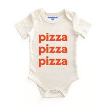 Chunky Deli product image: Natural-colored "Pizza Pizza Pizza" bodysuit (100% cotton) laid flat on a white background, showcasing the envelope shoulders and three-snap closure.