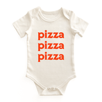 Chunky Deli baby bodysuit made from 100% cotton, short sleeve, beige/natural color with bold stacked orange text reading 'pizza pizza pizza' on the chest. Features envelope neckline and snap closure for easy diaper changes.