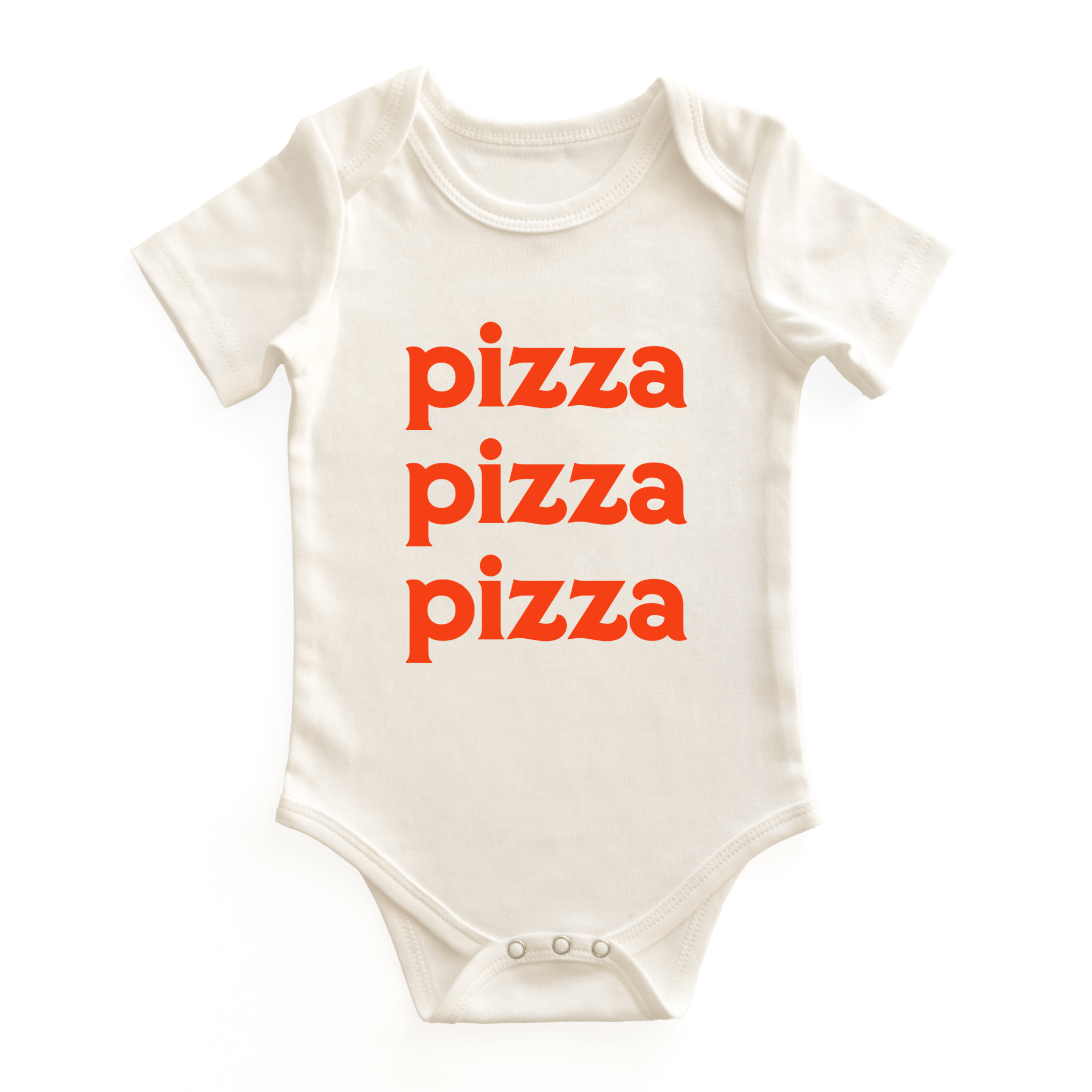 Chunky Deli baby bodysuit made from 100% cotton, short sleeve, beige/natural color with bold stacked orange text reading 'pizza pizza pizza' on the chest. Features envelope neckline and snap closure for easy diaper changes.