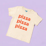 Chunky Deli product image: Toddler tee in 100% cotton, short sleeve, beige/natural color. Features printed text reading "Pizza Pizza Pizza" in bold orange lettering on the chest