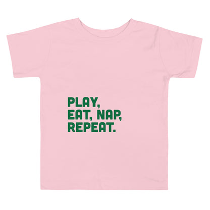 Chunky Deli product image: Pink short-sleeved kids' and toddler t-shirt with the text "Play Eat Nap Repeat" stacked vertically in green font on the chest.