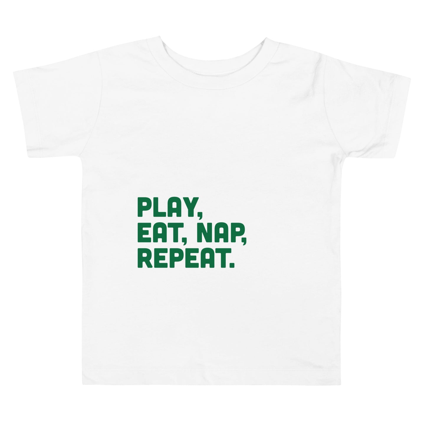 Chunky Deli product image: White short-sleeved kids' and toddler t-shirt with the text "Play Eat Nap Repeat" stacked vertically in green font on the chest.