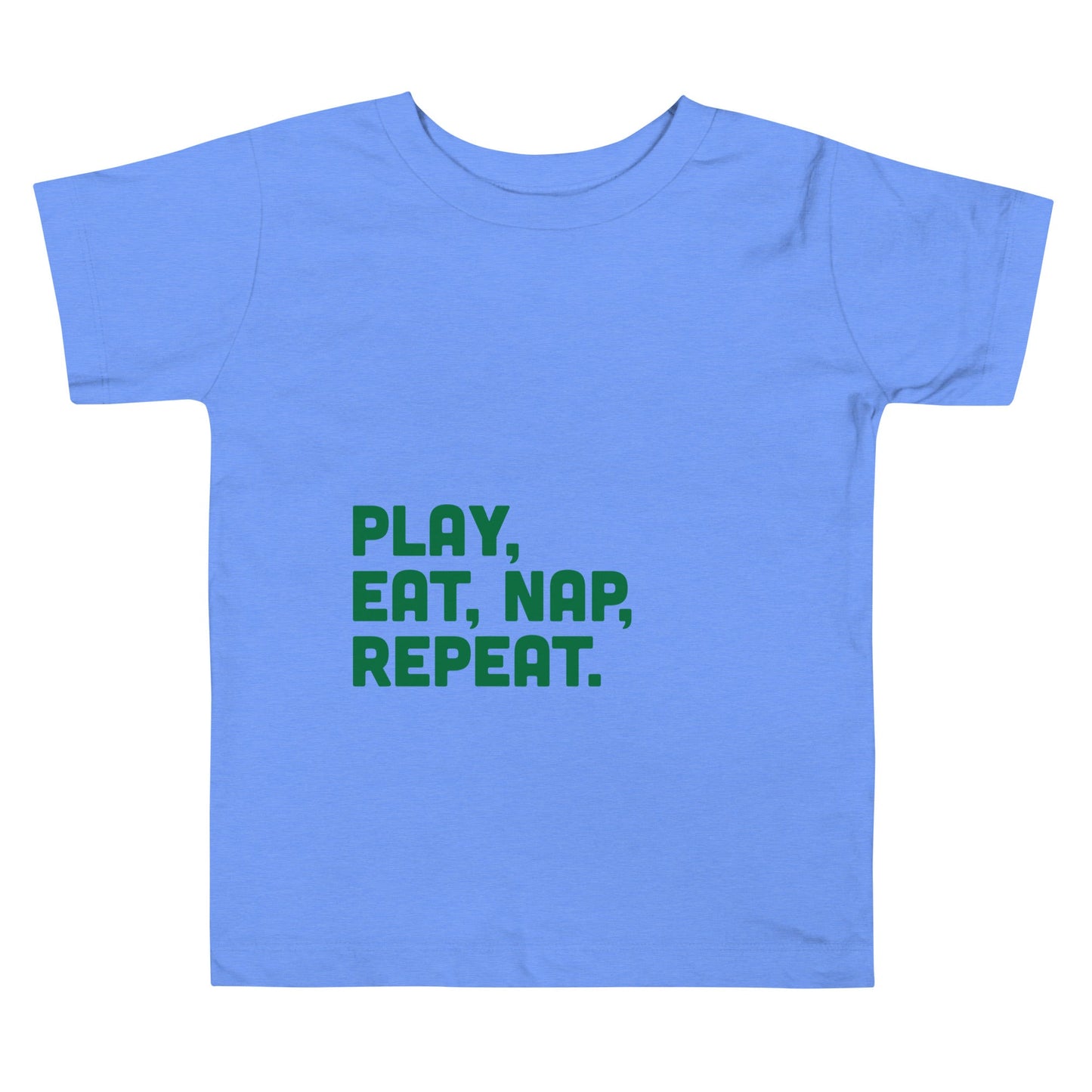 Chunky Deli product image: Blue short-sleeved kids' and toddler t-shirt with the text "Play Eat Nap Repeat" stacked vertically in green font on the chest.