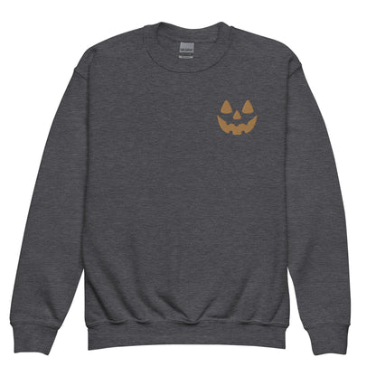 Chunky Deli product photo: Crewneck sweatshirt featuring a jack-o'-lantern face embroidered on the left breast pocket, perfect for fall or Halloween.