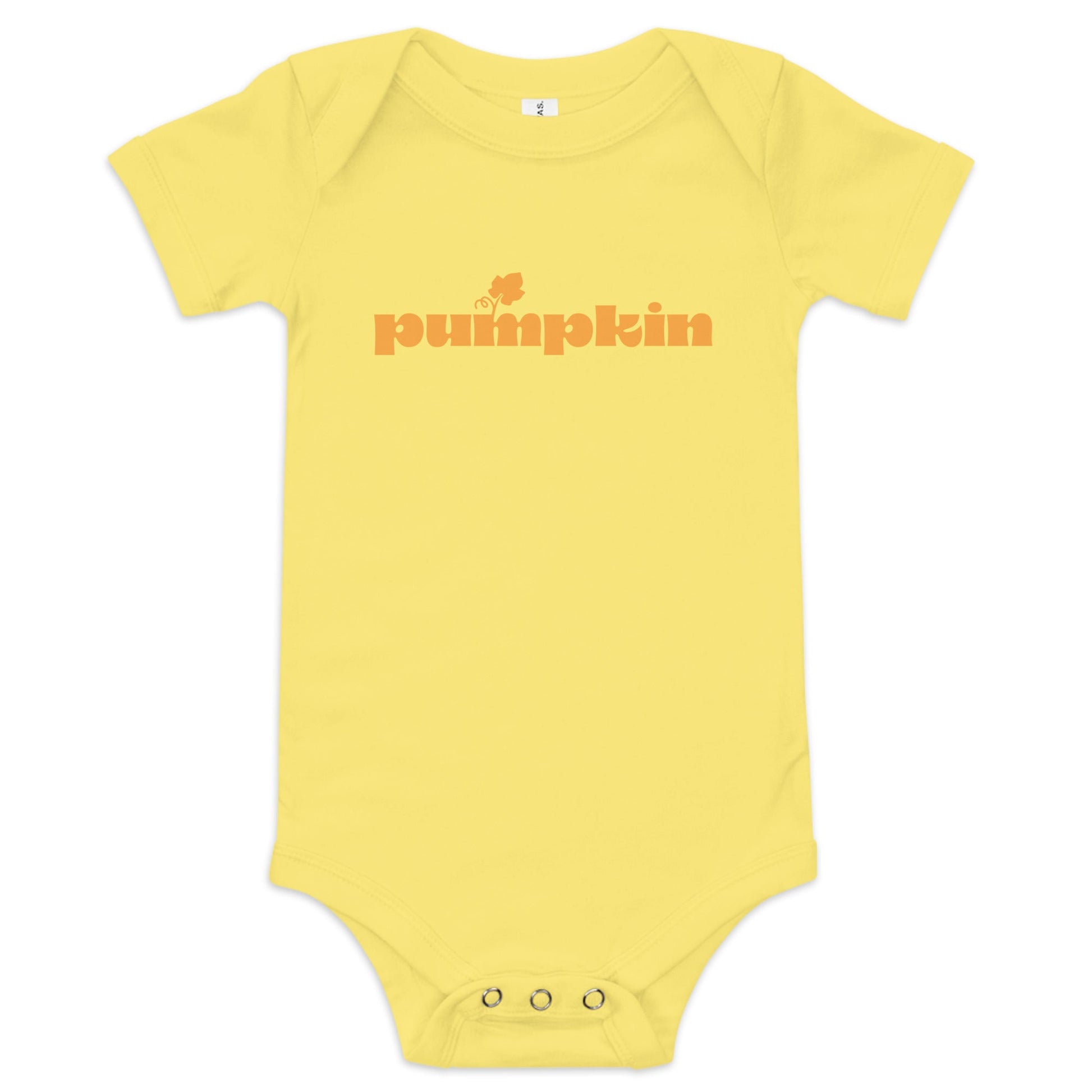 Chunky Deli product image: "Pumpkin" onesie (100% cotton, yellow color) laid flat on a white background, showcasing the envelope shoulders, short sleeves, three-snap closure, and the text "Pumpkin" printed in orange across the chest.