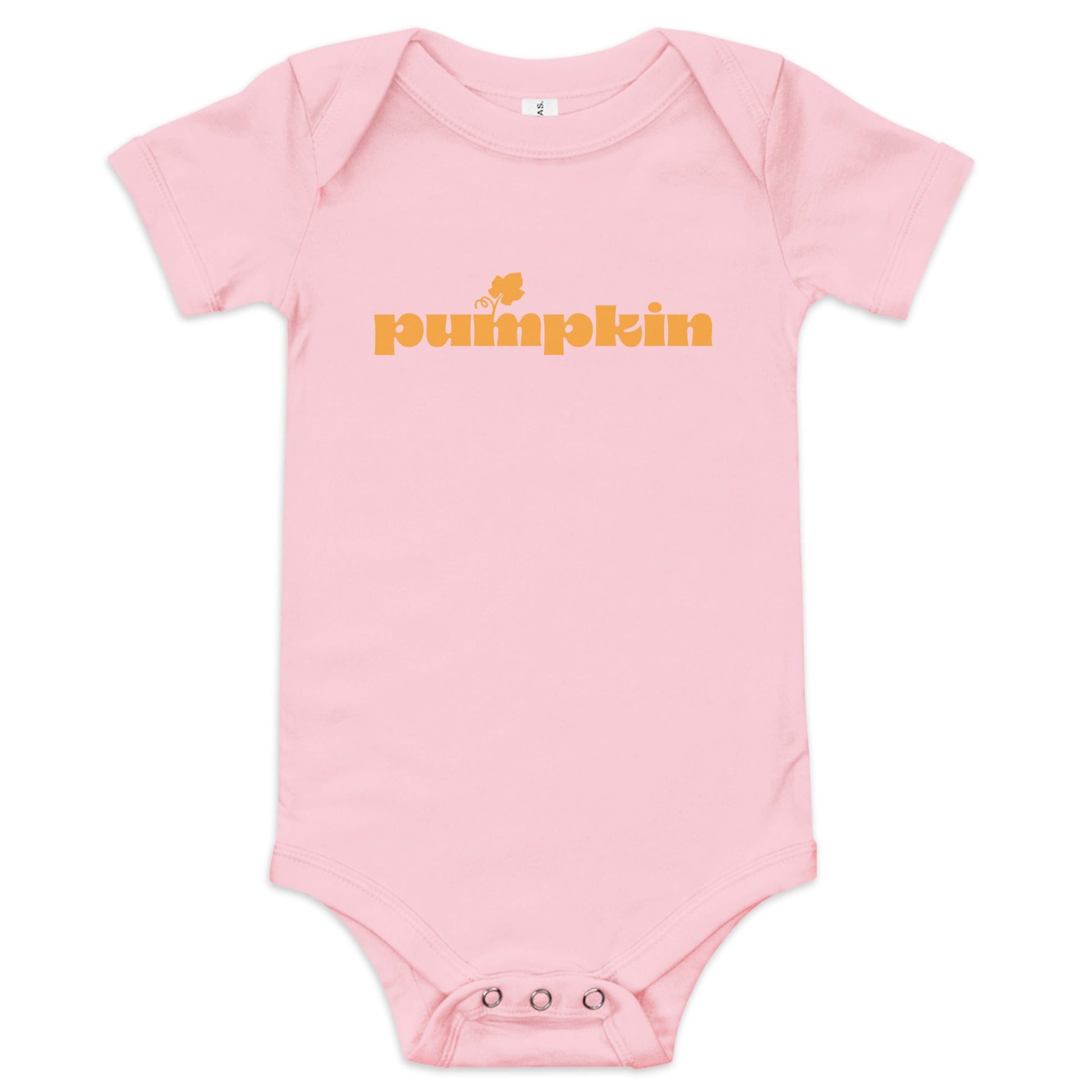 Chunky Deli product image: "Pumpkin" onesie (100% cotton, pink color) laid flat on a white background, showcasing the envelope shoulders, short sleeves, three-snap closure, and the text "Pumpkin" printed in orange across the chest.