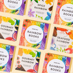 Square books from the Chunky Deli collection are arranged in a grid on a white surface. The books are "Rainbow Books," "Spice Rainbow," "Gourmet Rainbow," and "Seafood Rainbow."