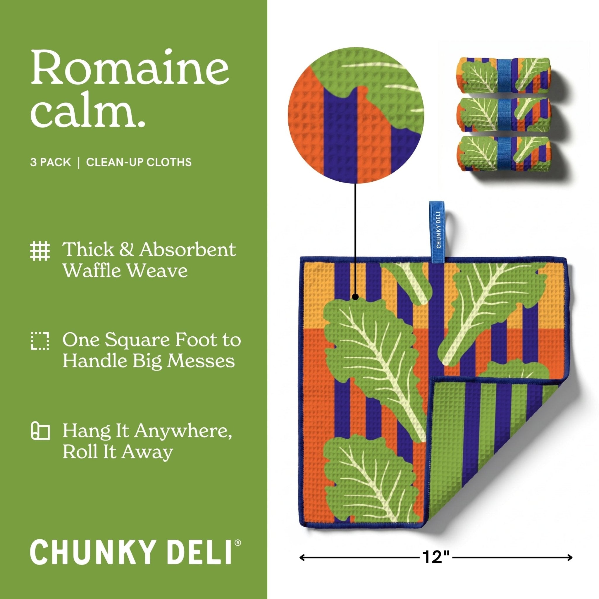 Chunky Deli Romaine Calm cleaning cloths with packaging and features on a green background