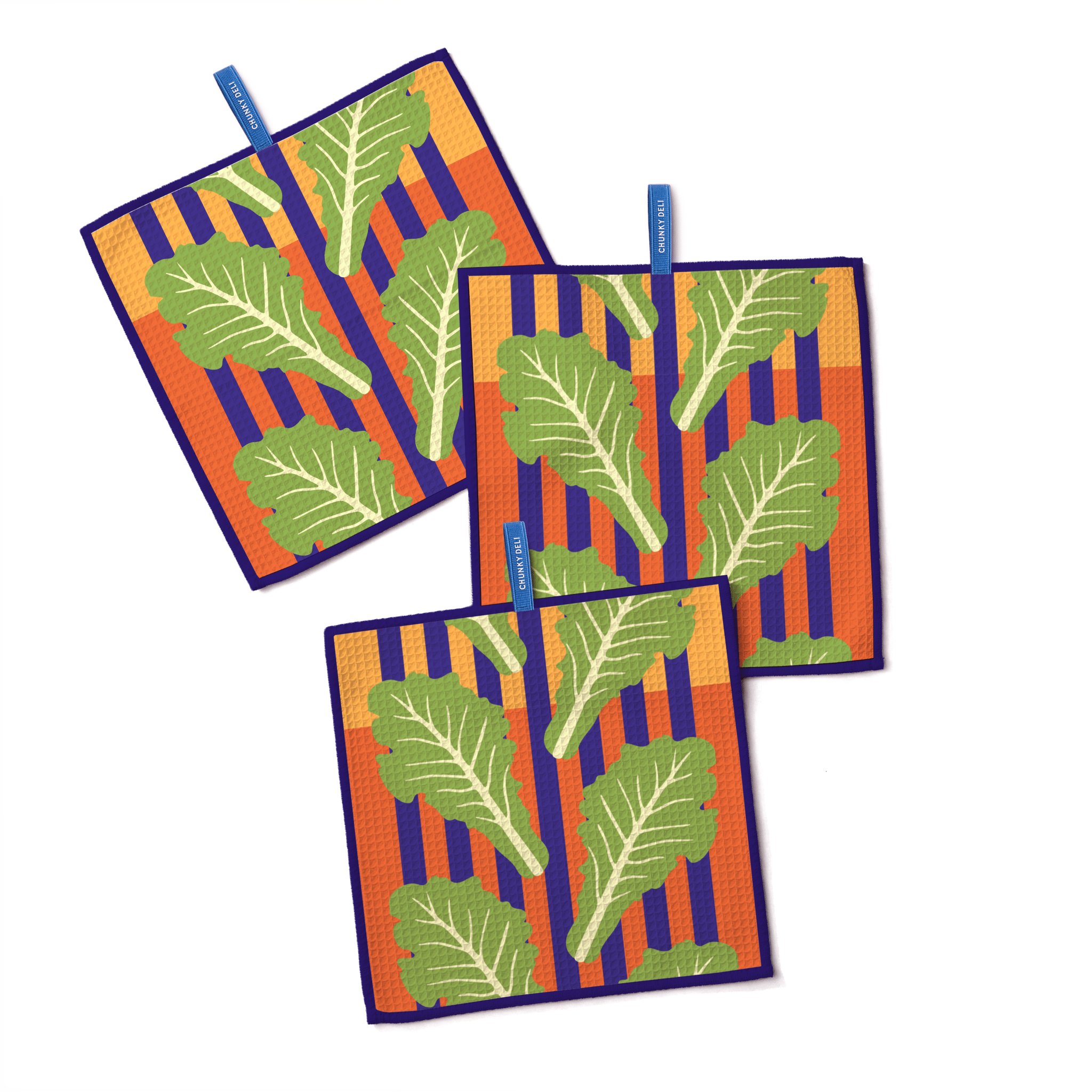 Chunky Deli product image of 3 dishtowels with a design featuring romaine lettuce on a white background. 